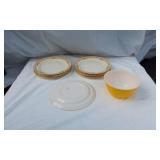 China Eggshell Nautilus D 45 Plates and Pyrex Yellow Bowl