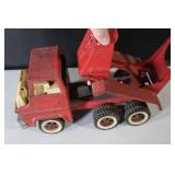Vintage Red Metal Toy Logging Truck with Six Wheels
