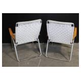 Pair of Vintage Woven Webbing Folding Patio Chairs with Wooden Arms