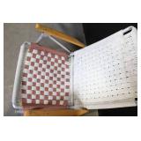 Pair of Vintage Woven Webbing Folding Patio Chairs with Wooden Arms
