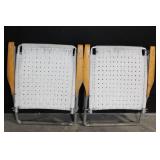 Pair of Vintage Woven Webbing Folding Patio Chairs with Wooden Arms