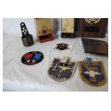 Mixed Lot of Military Plaques, Game Sets, Patches, and Small Collectibles