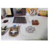 Mixed Lot of Military Plaques, Game Sets, Patches, and Small Collectibles