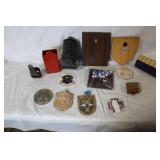 Mixed Lot of Military Plaques, Game Sets, Patches, and Small Collectibles