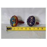 Pair of Vintage Hand-Painted Metal Spinning Tops