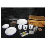 Vintage Picnic Set with Enamelware, Metal Basket, and Accessories