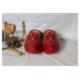 Red Dutch Wooden Clogs Pair with Vintage Marionette Puppets