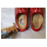 Red Dutch Wooden Clogs Pair with Vintage Marionette Puppets