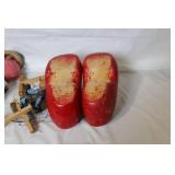Red Dutch Wooden Clogs Pair with Vintage Marionette Puppets