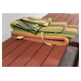 Rectangular Wooden Picnic Table with Benches and Striped Cushions