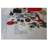 Vintage Collectibles and Small Hardware Lot with Pins, Badges, Tools, and Trinkets