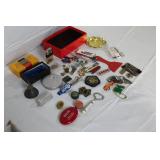 Vintage Collectibles and Small Hardware Lot with Pins, Badges, Tools, and Trinkets