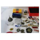 Vintage Collectibles and Small Hardware Lot with Pins, Badges, Tools, and Trinkets