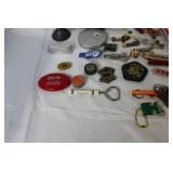 Vintage Collectibles and Small Hardware Lot with Pins, Badges, Tools, and Trinkets
