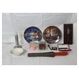 Assorted Collectibles and Decor Lot Including Bradford Exchange Plates, Coin Banks, and Cross Plaque