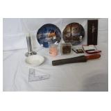 Assorted Collectibles and Decor Lot Including Bradford Exchange Plates, Coin Banks, and Cross Plaque