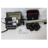 Vintage Sankyo Super CM 400 Movie Camera, Vixen Binoculars, and Vistar Tripod Set