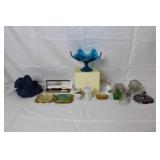 Eclectic Vintage Decor and Collectibles Lot with Blue Glass Bowl, Pen Set, and Trinket Jars