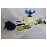 Eclectic Vintage Decor and Collectibles Lot with Blue Glass Bowl, Pen Set, and Trinket Jars