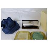 Eclectic Vintage Decor and Collectibles Lot with Blue Glass Bowl, Pen Set, and Trinket Jars