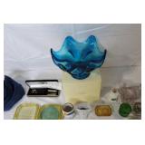 Eclectic Vintage Decor and Collectibles Lot with Blue Glass Bowl, Pen Set, and Trinket Jars