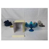 Eclectic Vintage Decor and Collectibles Lot with Blue Glass Bowl, Pen Set, and Trinket Jars