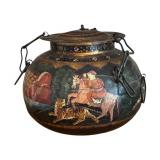 UL - Large Vintage Hand Painted Metal Rice Container with Indian Hunting Scene