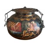 UL - Large Vintage Hand Painted Metal Rice Container with Indian Hunting Scene