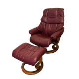 DN - Ekornes Burgundy Leather Recliner Chair with Ottoman, Made in Norway