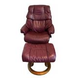 DN - Ekornes Burgundy Leather Recliner Chair with Ottoman, Made in Norway