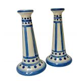 PTRY - Pair of M.A. Hadley Pottery 9-Inch Blue and White Candlesticks