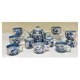 PTRY - M.A. Hadley Pottery Country Scene Teapot with 8 Teacups Hand-Painted