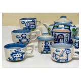 PTRY - M.A. Hadley Pottery Country Scene Teapot with 8 Teacups Hand-Painted