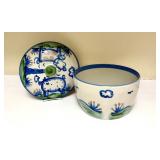 PTRY - M.A Hadley Pottery Lidded Dish with Pig Motif 10.5 x 6 Inches
