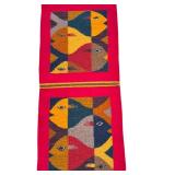 D - Zapotec Wool Red Runner Rug with School of Fish Design