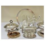 K - Assorted Vintage Silver Plate Serving Collection with Glass Platter
