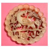 D - Carved Vintage Chinese Jade Pendant with Bird and Floral Motif