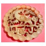 D - Carved Vintage Chinese Jade Pendant with Bird and Floral Motif