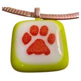 D - 17" Italian Sterling Silver Necklace with Art Glass Orange Paw Print Pendant