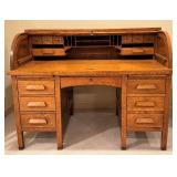 LL - Vintage Oak C Curve Roll Top Desk with Key
