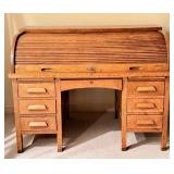 LL - Vintage Oak C Curve Roll Top Desk with Key