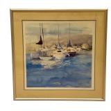 LL - Framed Watercolor Print of Boats by the Dock Signed and Numbered