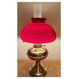 LL - Vintage Brass Oil Lamp with Ribbed Red Glass Shade
