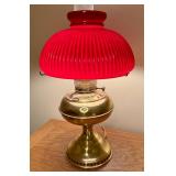 LL - Vintage Brass Oil Lamp with Ribbed Red Glass Shade