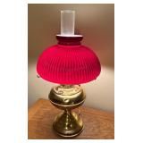 LL - Vintage Brass Oil Lamp with Ribbed Red Glass Shade
