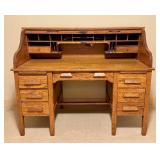 LLO - Vintage Oak S-Curve Roll Top Desk with Drawers and Cubbies
