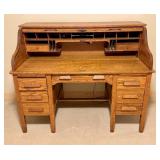 LLO - Vintage Oak S-Curve Roll Top Desk with Drawers and Cubbies