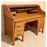 LLO - Vintage Oak S-Curve Roll Top Desk with Drawers and Cubbies