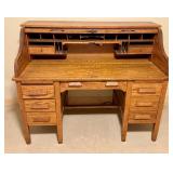 LLO - Vintage Oak S-Curve Roll Top Desk with Drawers and Cubbies