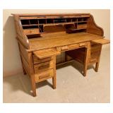 LLO - Vintage Oak S-Curve Roll Top Desk with Drawers and Cubbies